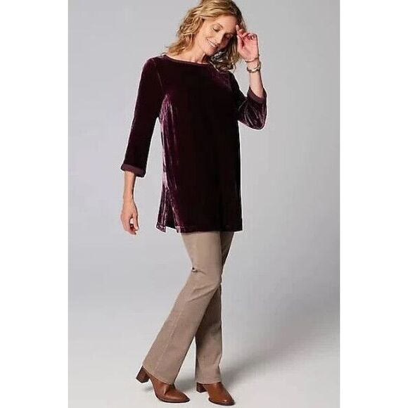 J.JILL Tunic Top Small Rayon Silk Velvet‎ Boat-Neck Aubergine Mat Satin Elegant - Picture 1 of 10